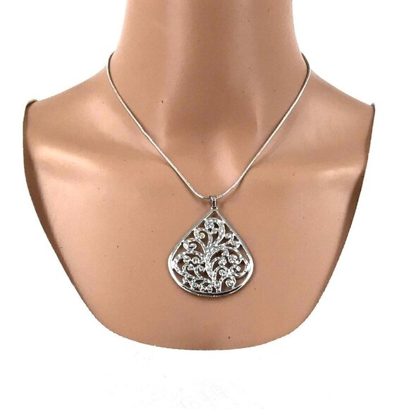 Filagree Pendant Teardrop Shape Silver Tone Necklace Adjustable Length Signed JL - Picture 1 of 3